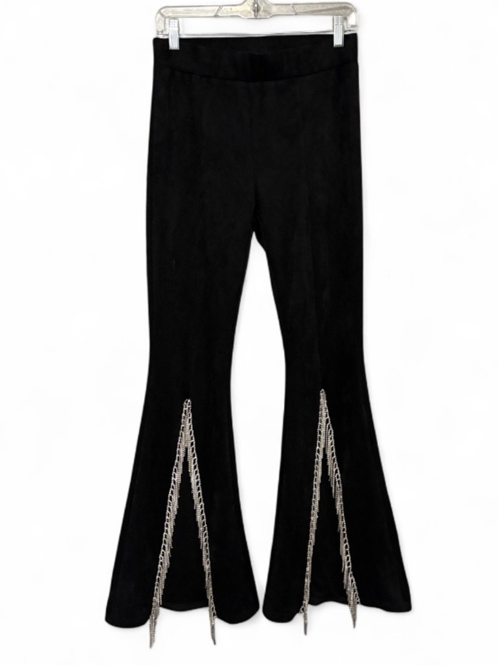 Vocal Black Micro-Suede Flared Rhinestone Chain Trim Pants